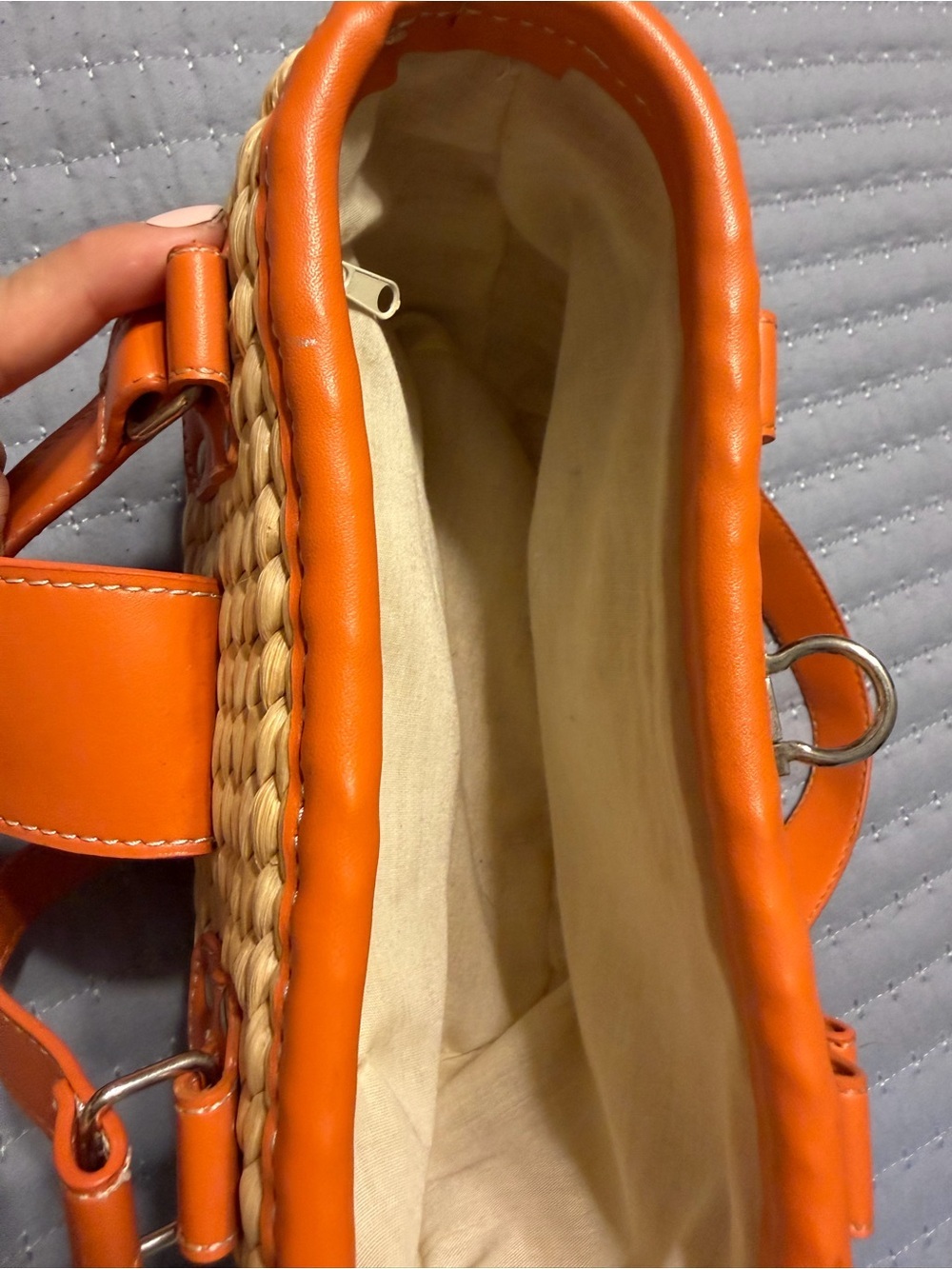Vintage Woven Straw and Orange Faux Leather Handbag - Picture 7 of 8